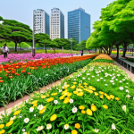 **Diverse Flora and Fauna**:
   "A vibrant scene in Incheon Songdo Central Park, showcasing a variety of lush green plants and colorful flowers. Majestic trees provide shade, while small blooming flowers add splashes of color. Birds can be seen flying above, creating a lively atmosphere. The park is peaceful and refreshing, reflecting a serene escape from city life."