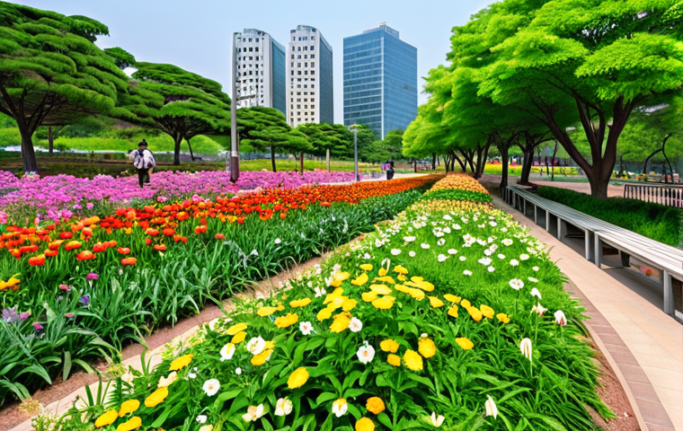 **Diverse Flora and Fauna**:
"A vibrant scene in Incheon Songdo Central Park, showcasing a variety of lush green plants and colorful flowers. Majestic trees provide shade, while small blooming flowers add splashes of color. Birds can be seen flying above, creating a lively atmosphere. The park is peaceful and refreshing, reflecting a serene escape from city life."