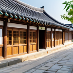 An exquisite exterior view of traditional Korean Hanok houses in Jeonju Hanok Village, highlighting their elegant curved tiled roofs and intricate natural wood details. The scene is bathed in soft, natural daylight, capturing a peaceful and historical atmosphere. A person, fully clothed in modest and appropriate attire, stands respectfully, admiring the traditional architecture. safe for work, appropriate content, fully clothed, professional, perfect anatomy, correct proportions, well-formed hands, proper finger count, natural body proportions, natural pose, high quality, family-friendly.