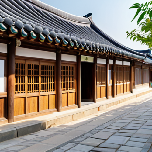 Home 8 An exquisite exterior view of traditional Korean Hanok houses in Jeonju Hanok Village, highlighting their elegant curved tiled roofs and intricate natural wood details. The scene is bathed in soft, natural daylight, capturing a peaceful and historical atmosphere. A person, fully clothed in modest and appropriate attire, stands respectfully, admiring the traditional architecture. safe for work, appropriate content, fully clothed, professional, perfect anatomy, correct proportions, well-formed hands, proper finger count, natural body proportions, natural pose, high quality, family-friendly.