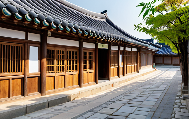 An exquisite exterior view of traditional Korean Hanok houses in Jeonju Hanok Village, highlighting their elegant curved tiled roofs and intricate natural wood details. The scene is bathed in soft, natural daylight, capturing a peaceful and historical atmosphere. A person, fully clothed in modest and appropriate attire, stands respectfully, admiring the traditional architecture. safe for work, appropriate content, fully clothed, professional, perfect anatomy, correct proportions, well-formed hands, proper finger count, natural body proportions, natural pose, high quality, family-friendly.